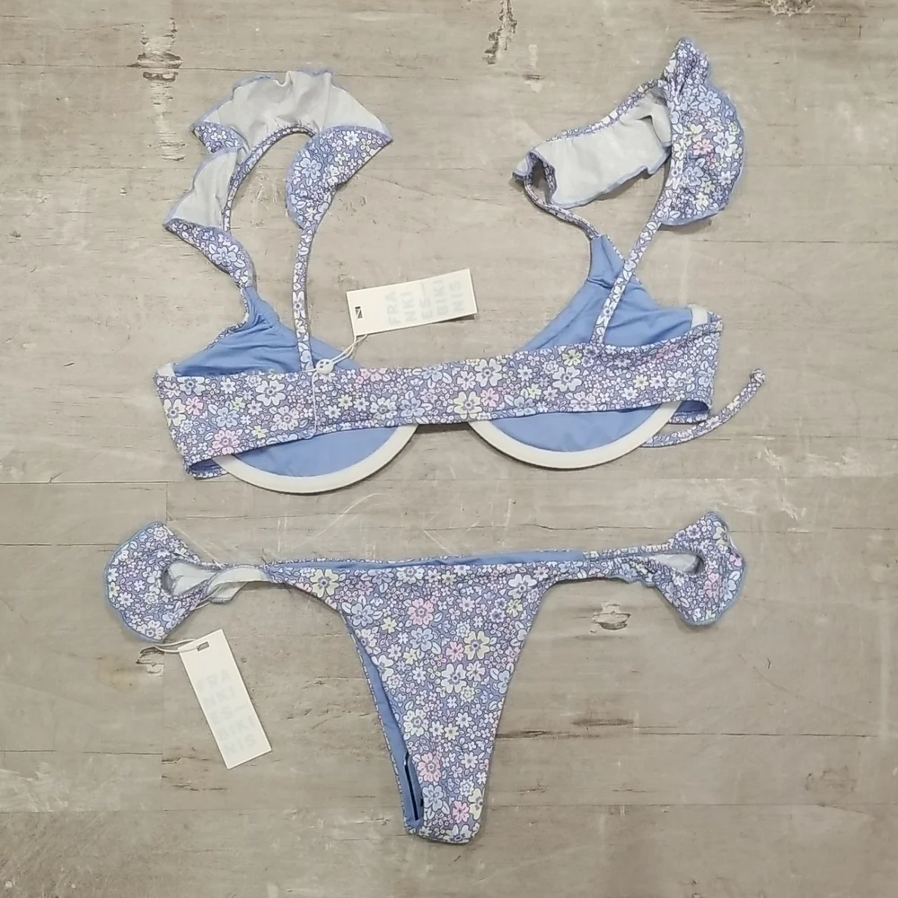💕FRANKIE'S💕 Springtime Ruffle Bikini ~ Birdi Top + Ali Skimpy Bottom Large NWT